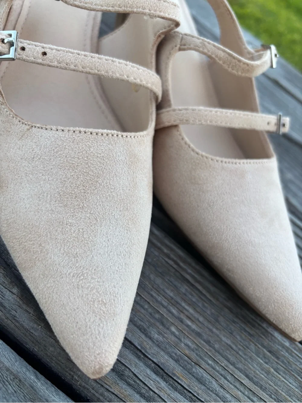 Pointed-Toe Slingback Pumps in Beige with Double Buckle Straps
